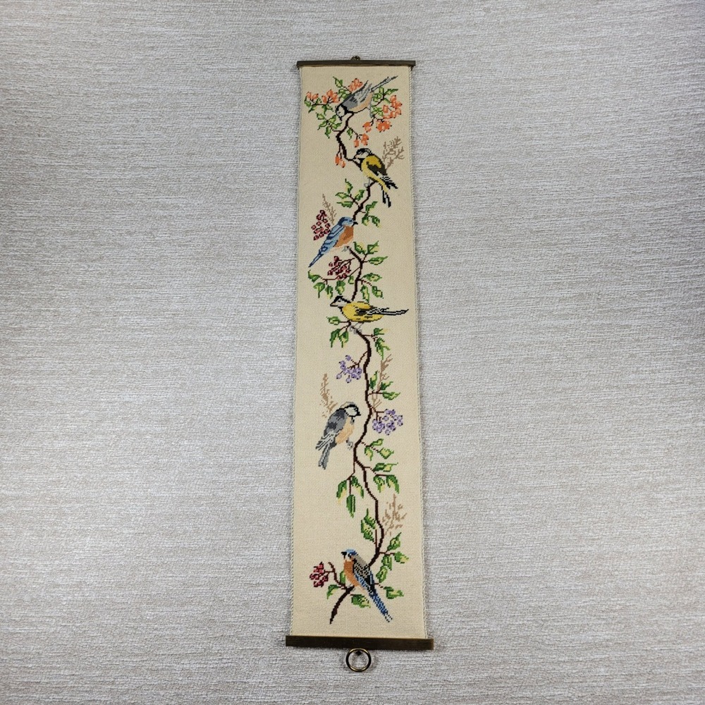 Vintage Crewel Needlework Birds Vines Wall Hanging Pantry Butler Pull